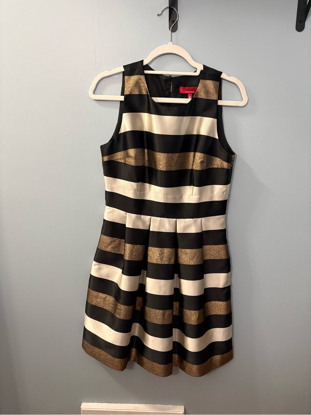 Saks Fifth Avenue Black, White & Gold Striped Fit-and-Flare Mini Dress